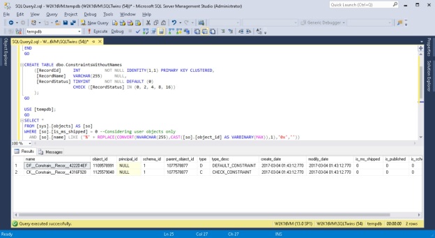 Screenshots showing that objects have been given default constraint names by SQL Server in case a name was not supplied by the user