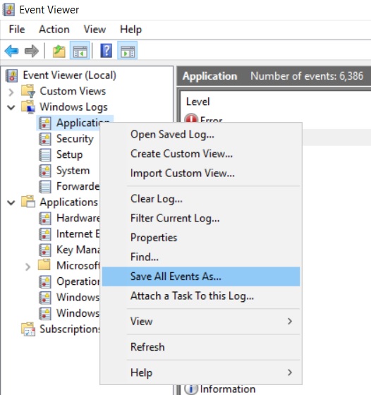 Screenshot showing how to Save the Event Viewer Logs