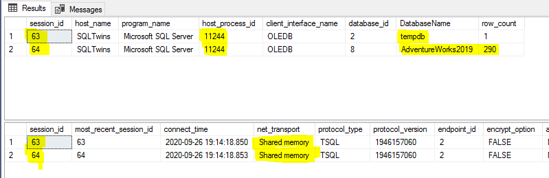 T-SQL Query output showing that SSIS connections open Shared Memory connections by default.